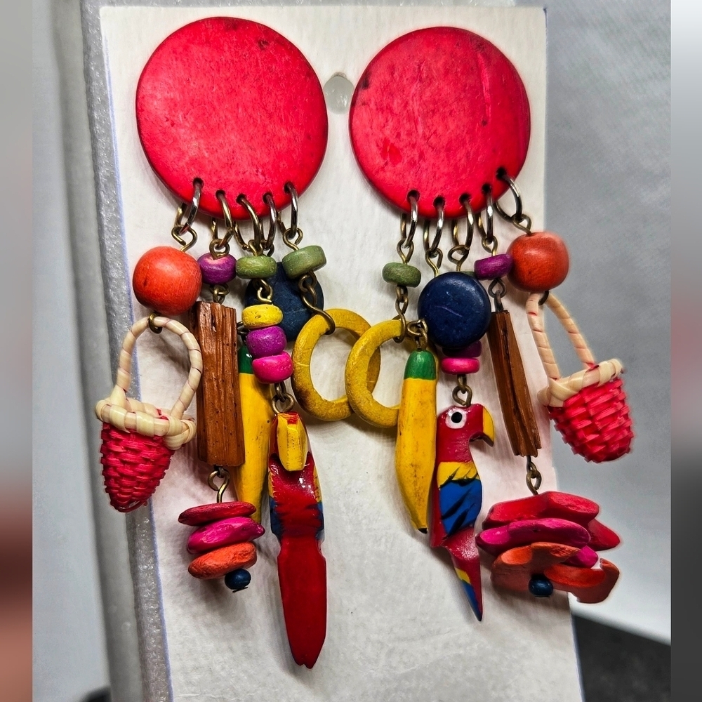 Artisan Colorful Parrot Banana Beads Wooden Dangle Earrings - Picture 10 of 15